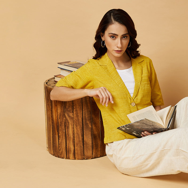 Cotton Silk Notch Collar Shirt | Yellow