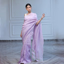 Linen Saree with Unstitched Blouse| Green & White Striped | Lavender