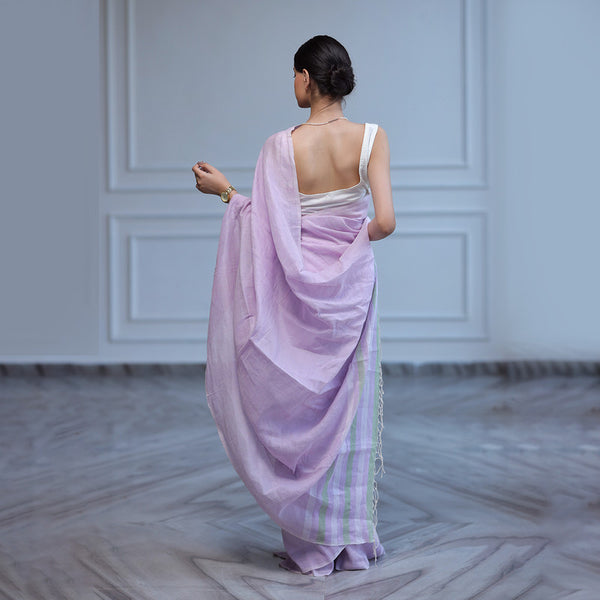 Linen Saree with Unstitched Blouse| Green & White Striped | Lavender
