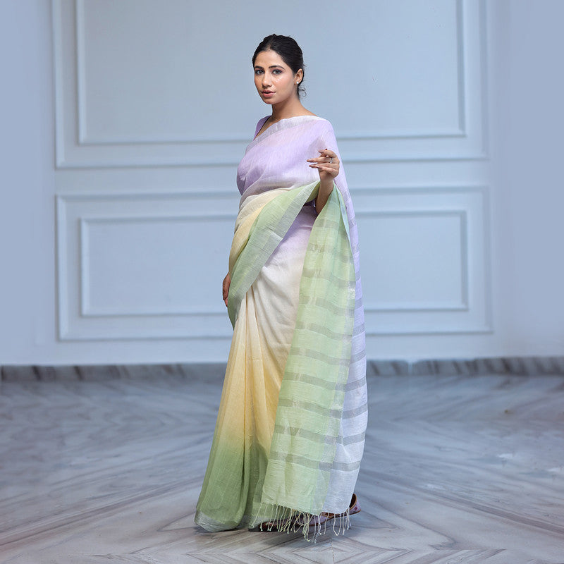 Linen Saree with Unstitched Blouse| Mauve & Yellow