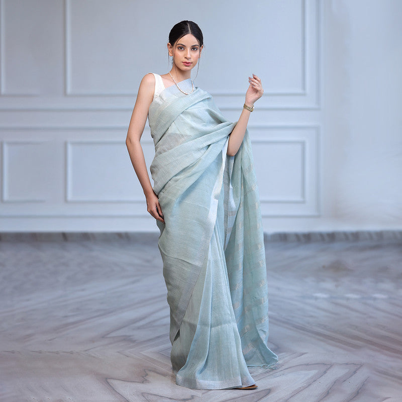 Linen Saree with Unstitched Blouse| Striped Pallu | Mint Blue