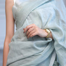 Linen Saree with Unstitched Blouse| Striped Pallu | Mint Blue