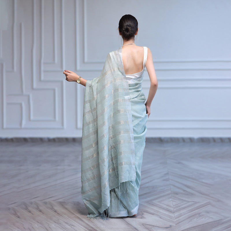 Linen Saree with Unstitched Blouse| Striped Pallu | Mint Blue