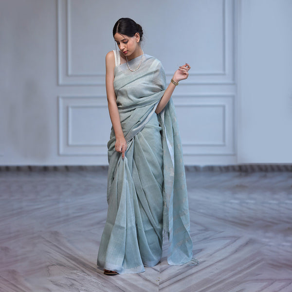 Linen Saree with Unstitched Blouse| Striped Pallu | Mint Blue