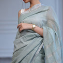 Linen Saree with Unstitched Blouse| Striped Pallu | Mint Blue