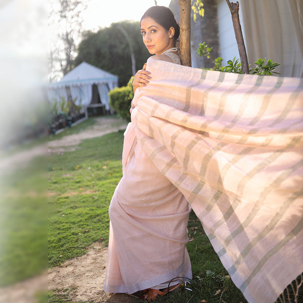 Linen Saree with Unstitched Blouse| Striped Pallu | Pink