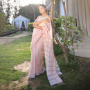 Linen Saree with Unstitched Blouse| Striped Pallu | Pink