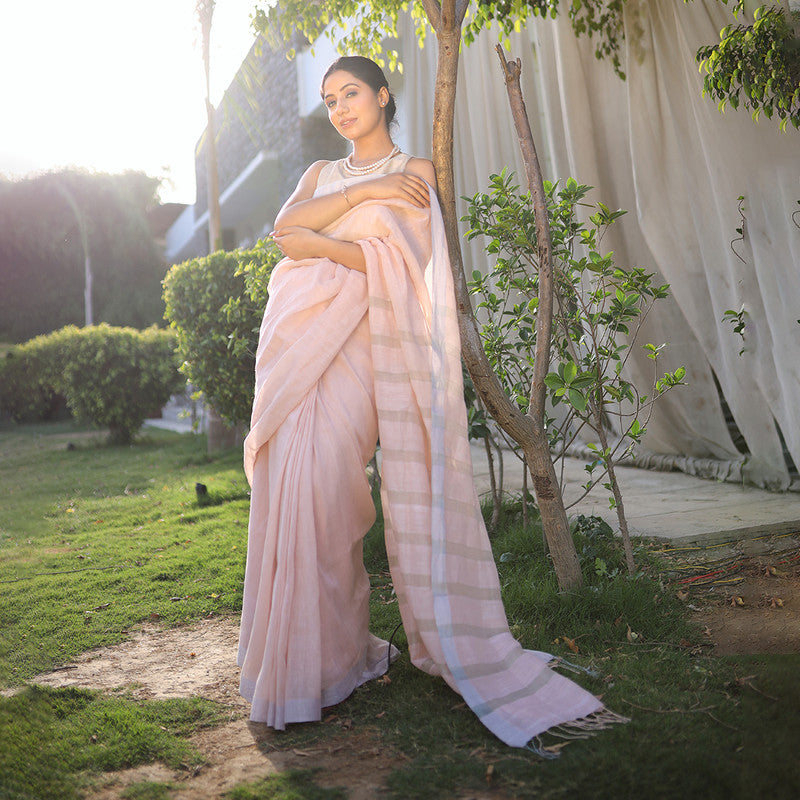 Linen Saree with Unstitched Blouse| Striped Pallu | Pink