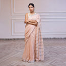 Linen Saree with Unstitched Blouse| Striped Pallu | Pink