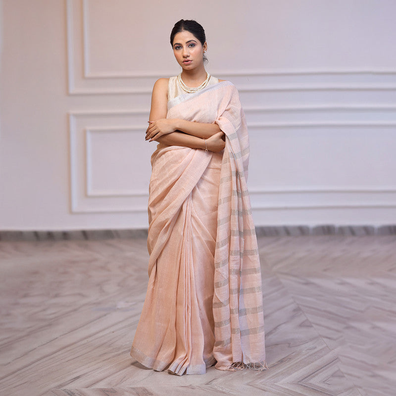 Linen Saree with Unstitched Blouse| Striped Pallu | Pink