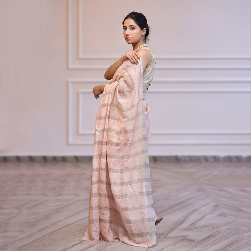 Linen Saree with Unstitched Blouse| Striped Pallu | Pink