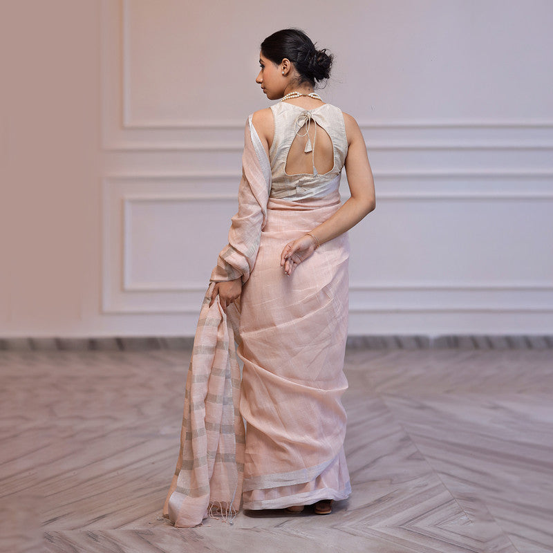 Linen Saree with Unstitched Blouse| Striped Pallu | Pink