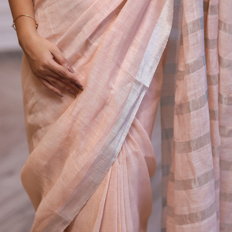 Linen Saree with Unstitched Blouse| Striped Pallu | Pink