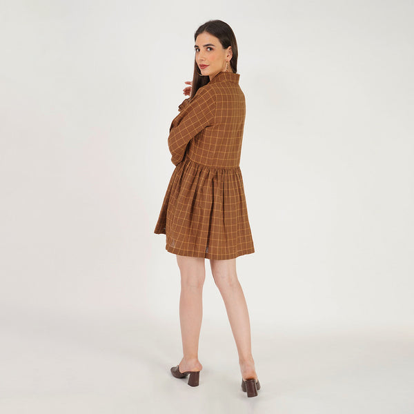 Cotton Mini Dress | Checkered | Brown