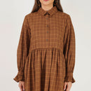 Cotton Mini Dress | Checkered | Brown