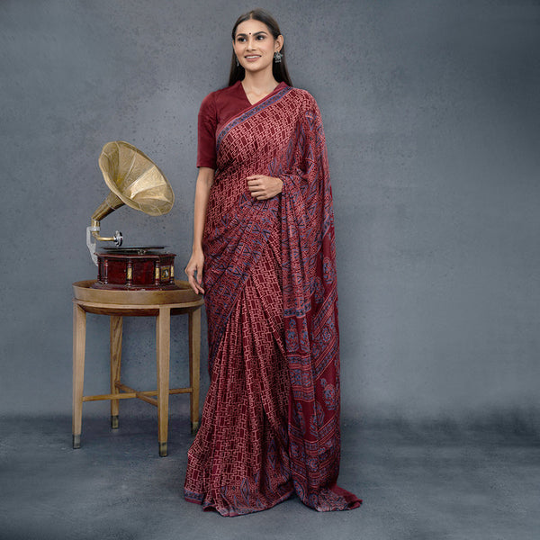 Modal Silk Saree | Ajrakh Handblock Print | Maroon