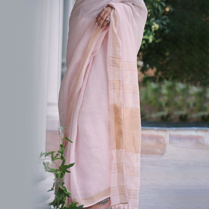 Linen Saree | Saree For Women | Light Pink and Golden Zari