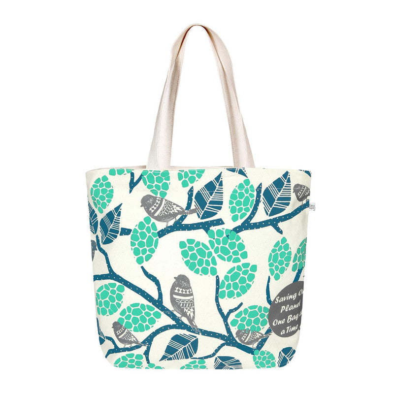 Cotton Canvas Tote Bag | Zipper | Floral Print | Off-White & Green