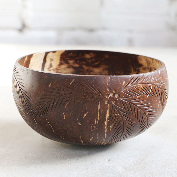 Handcrafted Brown Palm Leaf Coconut Bowl with Spoon and Fork