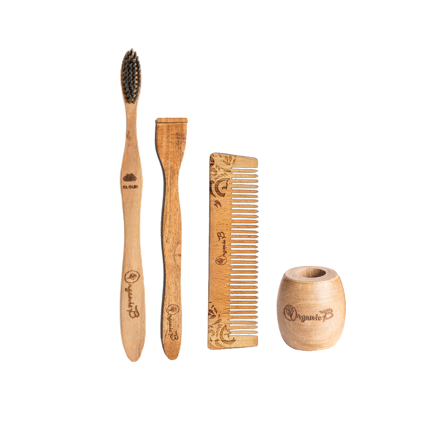 Neem Wood Travel Toiletry Kit | Toothbrush with Holder | Tongue Cleaner | Pocket Comb