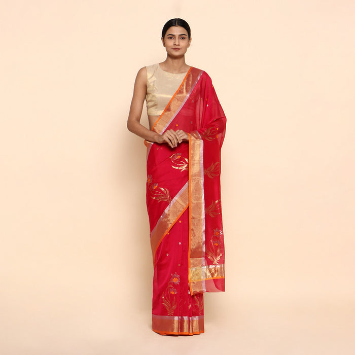 Chanderi Silk Saree | Floral Motif | Red