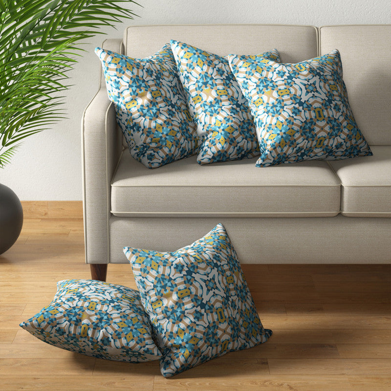 Cotton Cushion Covers | Floral Printed | Teal | Set of 5