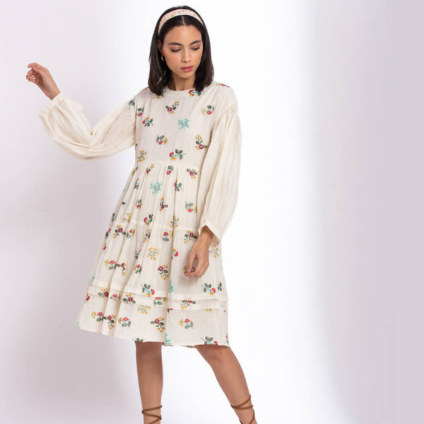 Organic Cotton Mid Dress with Embroidered Motifs | White