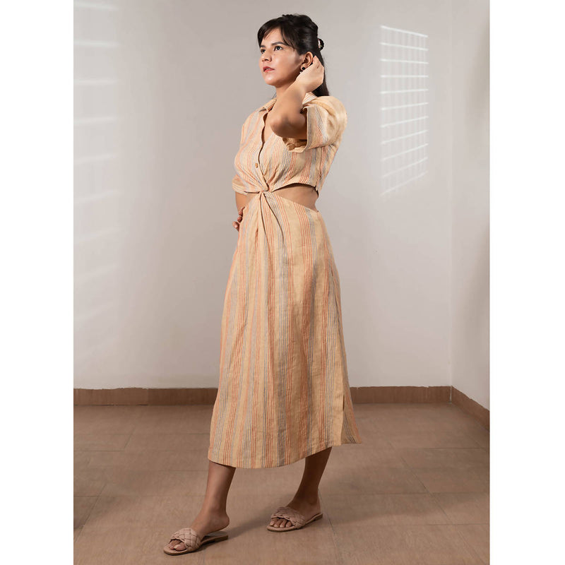 Pure Linen Midi Dress | Brown