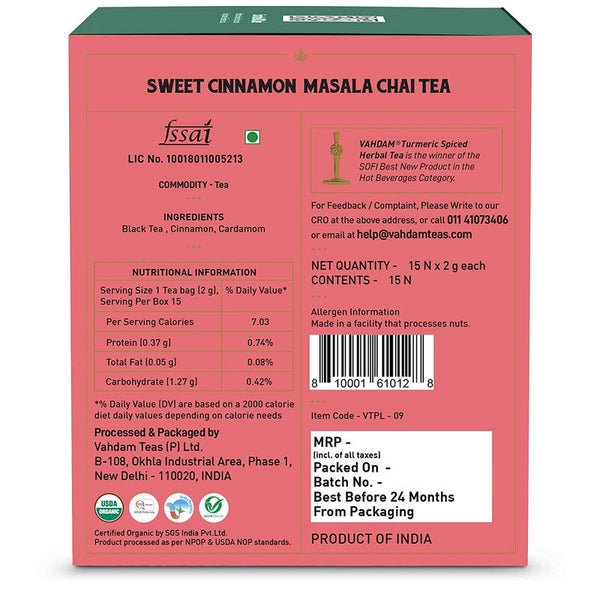 Masala Chai Tea | Sweet Cinnamon | 15 Tea Bags