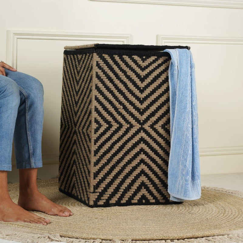 Jute & Macrame Medium Laundry Basket | Beige & Black