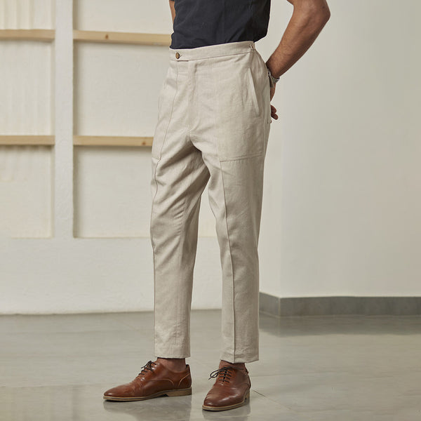 Andamen Khaki Linen Regular Fit Striped Trousers