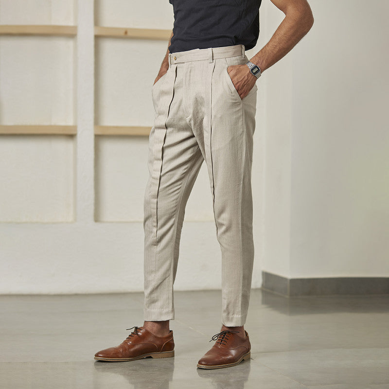 Trousers For Men | Cotton Linen | Pleated | Off-White