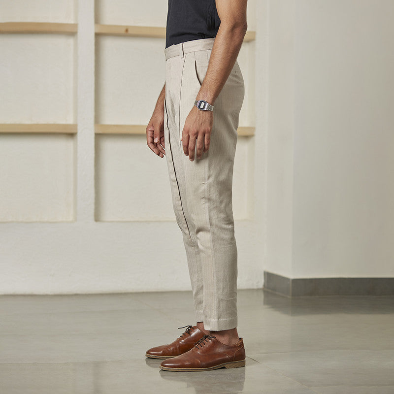 Trousers For Men | Cotton Linen | Pleated | Off-White