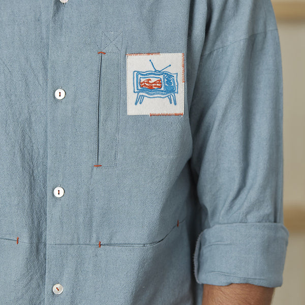 Cotton Linen Shirt | Embroidered Patch | Sky Blue