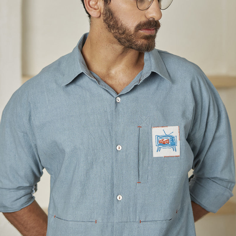 Cotton Linen Shirt | Embroidered Patch | Sky Blue