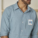 Cotton Linen Shirt | Embroidered Patch | Sky Blue