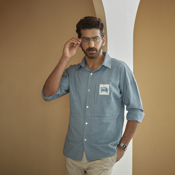 Cotton Linen Shirt | Embroidered Patch | Sky Blue