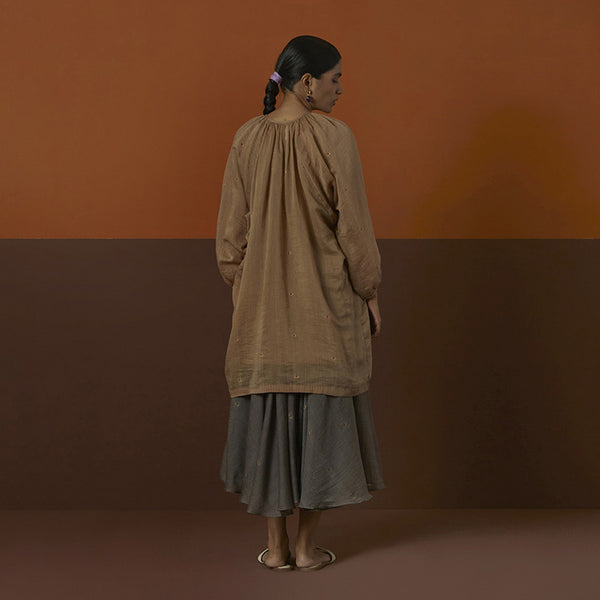 Cotton Silk Kurta Top | Raglan Sleeves | Brown