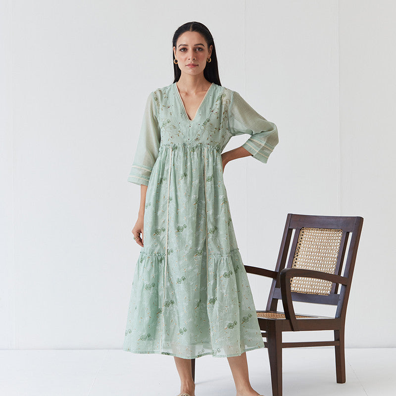 Cotton Silk Dress & Slip | Block Printed | Green