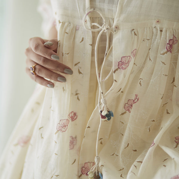 Cotton Silk Dress & Jacket | Block Printed | Hand Embroidered | Cream