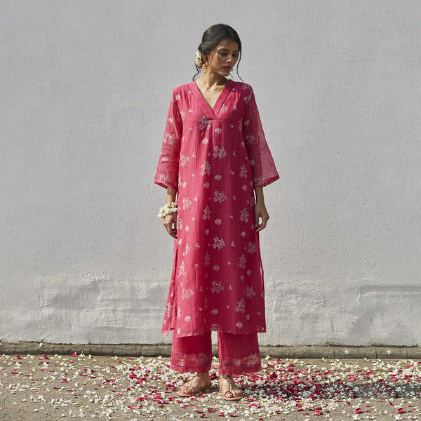 Chanderi Cotton Kurta Set with Dupatta | Block Print | Fuchsia & Ivory