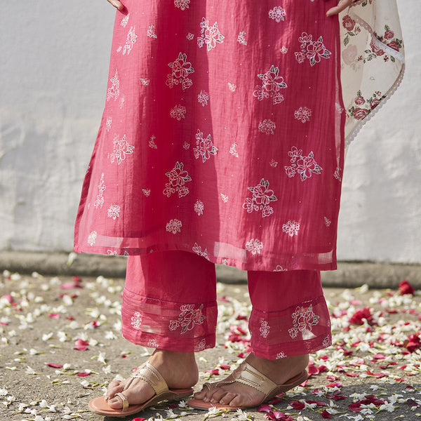 Chanderi Cotton Kurta Set with Dupatta | Block Print | Fuchsia & Ivory