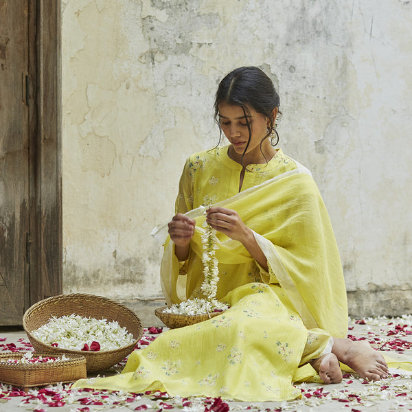 Chanderi Cotton Kurta Set with Stole | Block Print | Yellow