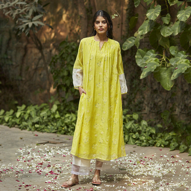 Chanderi Cotton Kurta Set with Dupatta | Hand Block Print | Ivory & Lime