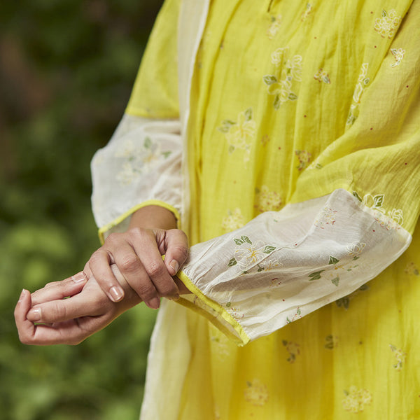 Chanderi Cotton Kurta Set with Dupatta | Hand Block Print | Ivory & Lime