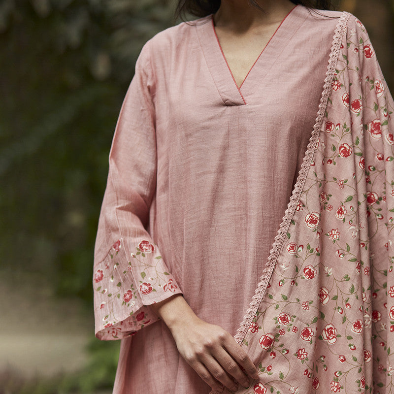 Chanderi Cotton Kurta Set with Stole | Hand Block Print | Old Rose