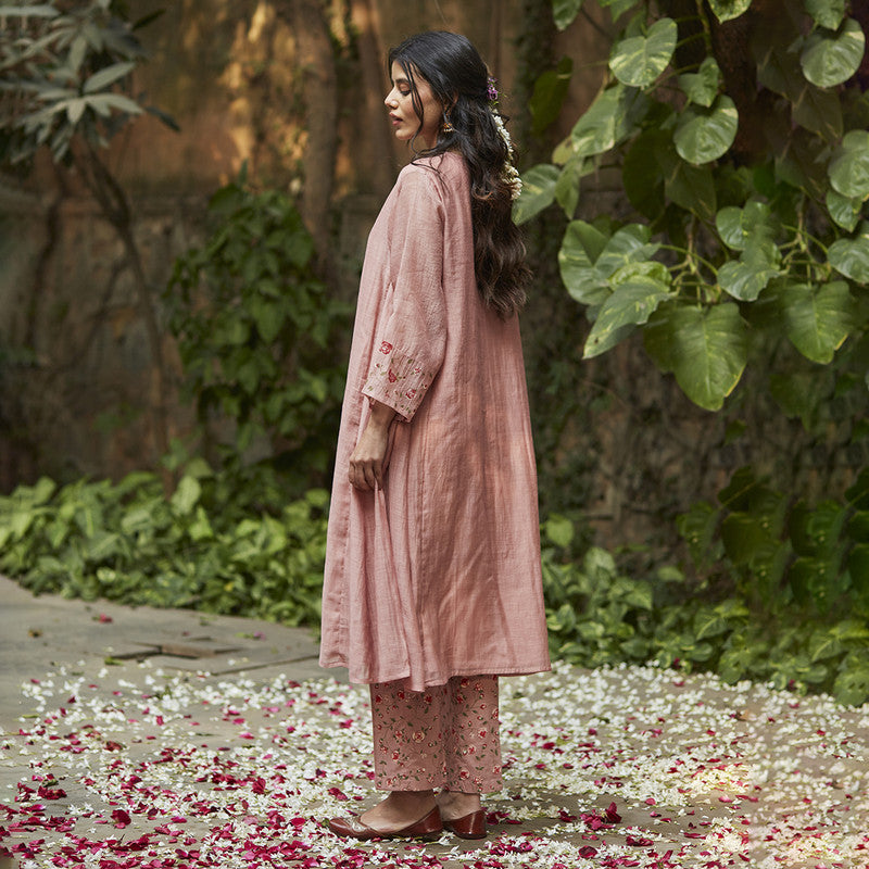 Chanderi Cotton Kurta Set with Stole | Hand Block Print | Old Rose