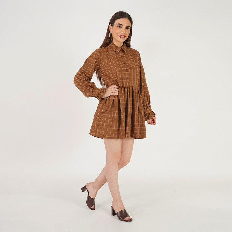 Cotton Mini Dress | Checkered | Brown