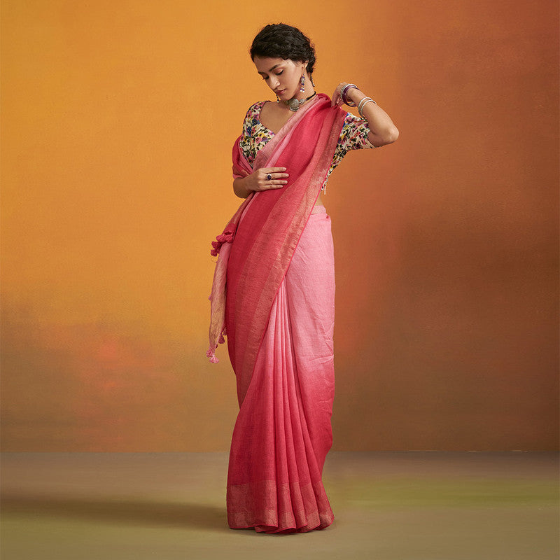 Pure Linen Saree with Blouse Fabric | Festive Wear for Women | Tasseled | Pink Ombre