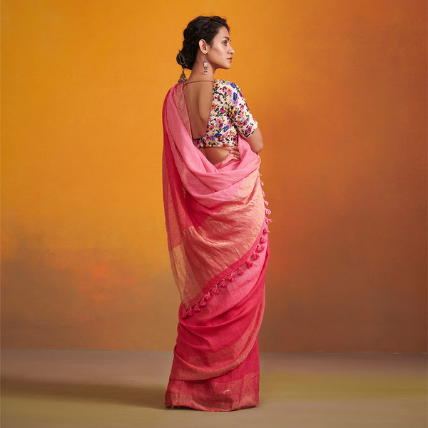 Pure Linen Saree with Blouse Fabric | Festive Wear for Women | Tasseled | Pink Ombre